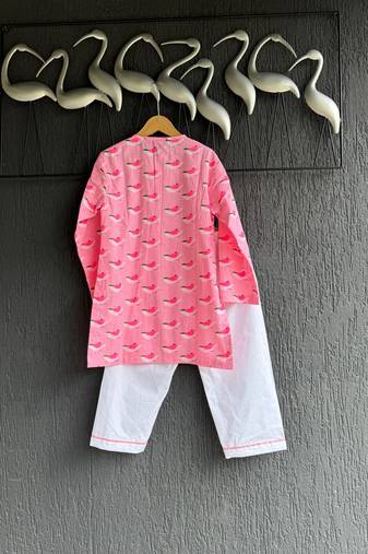 Pink printed cotton silk kurta set