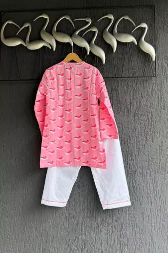 Pink printed cotton silk kurta set