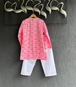 Pink printed cotton silk kurta set
