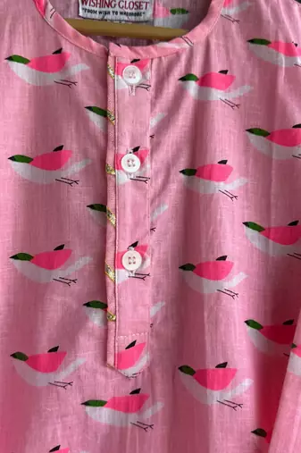 Pink printed cotton silk kurta set
