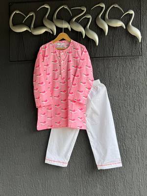 Pink printed cotton silk kurta set 1