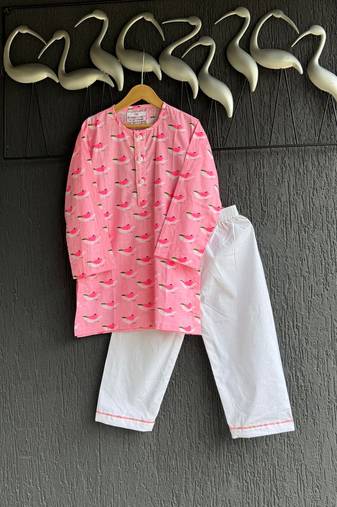 Pink printed cotton silk kurta set