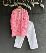 Pink printed cotton silk kurta set