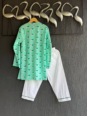 Green printed cotton silk kurta set 2
