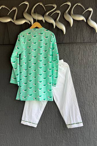 Green printed cotton silk kurta set