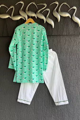 Green printed cotton silk kurta set