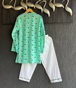 Green printed cotton silk kurta set