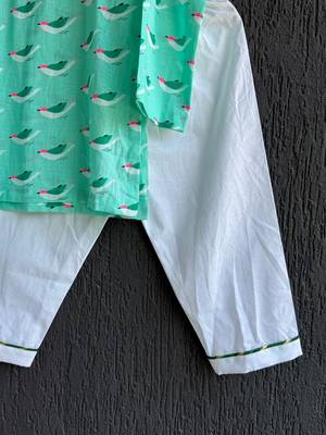 Green printed cotton silk kurta set 3
