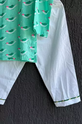 Green printed cotton silk kurta set