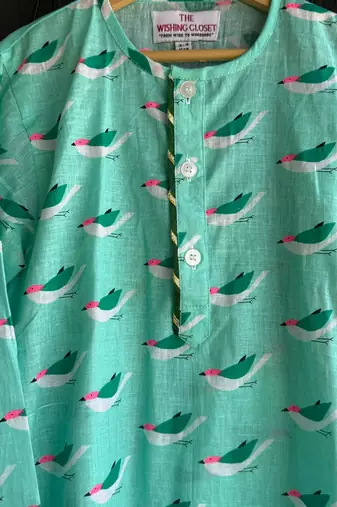 Green printed cotton silk kurta set