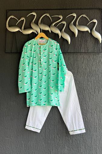 Green printed cotton silk kurta set