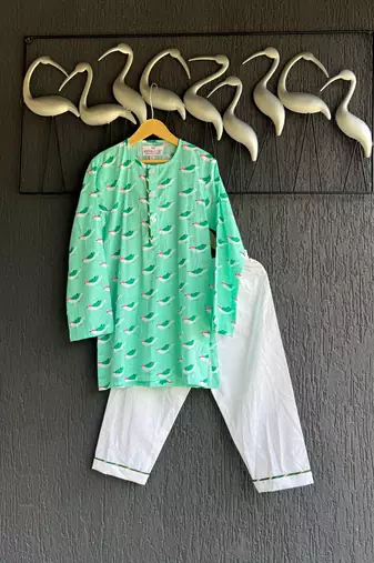 Green printed cotton silk kurta set