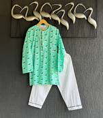 Green printed cotton silk kurta set