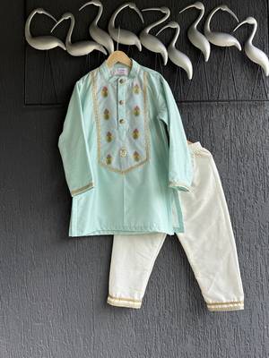 Blue embroidered cotton silk kurta set 1