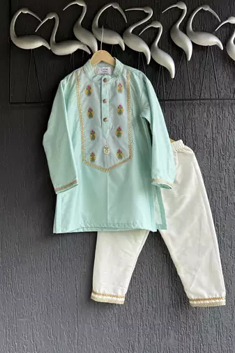 Blue embroidered cotton silk kurta set