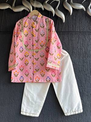 Pink printed cotton silk kurta set 1