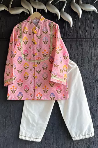 Pink printed cotton silk kurta set