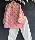 Pink printed cotton silk kurta set