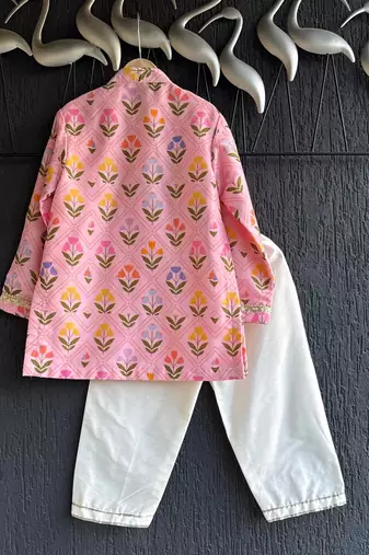 Pink printed cotton silk kurta set