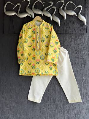 Yellow printed cotton silk kurta set 1