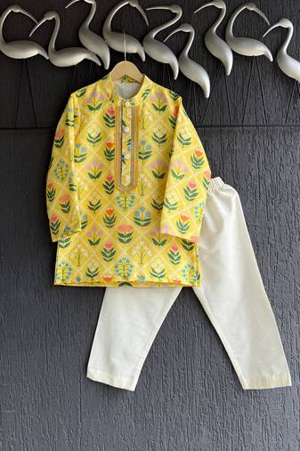Yellow printed cotton silk kurta set