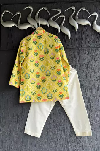 Yellow printed cotton silk kurta set