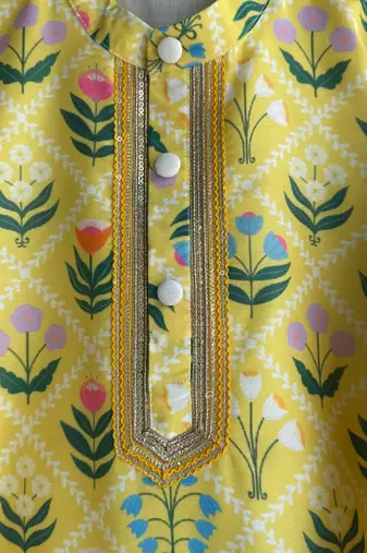 Yellow printed cotton silk kurta set
