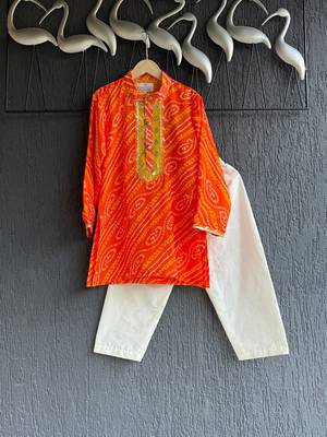 Orange printed cotton kurta set 1