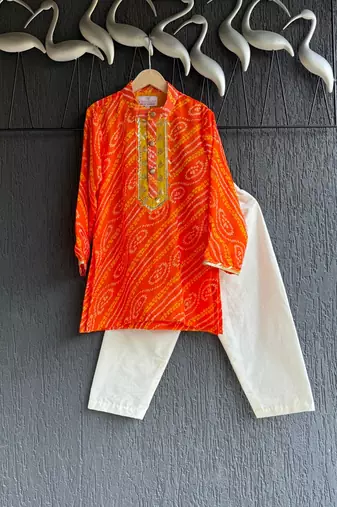 Orange printed cotton kurta set