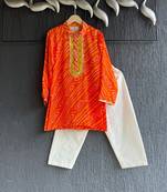 Orange printed cotton kurta set