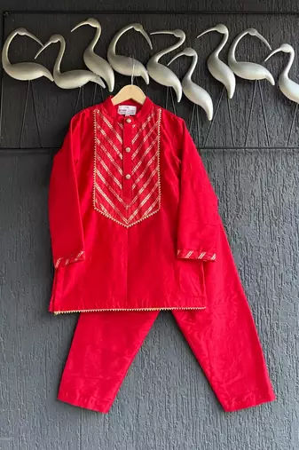 Red plain cotton kurta set