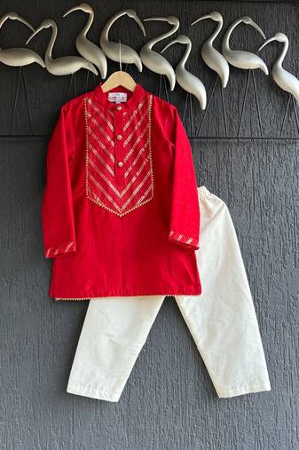 Red plain cotton kurta set