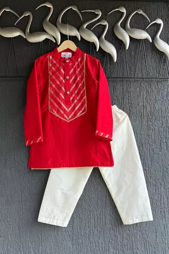 Red plain cotton kurta set