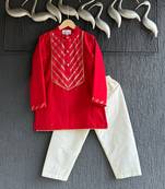 Red plain cotton kurta set