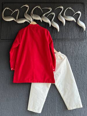Red plain cotton kurta set 2