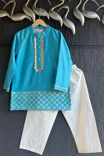 Blue embroidered cotton silk kurta set