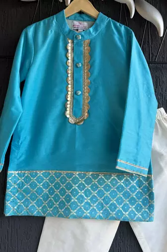 Blue embroidered cotton silk kurta set