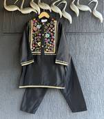 Black embroidered cotton silk kurta set