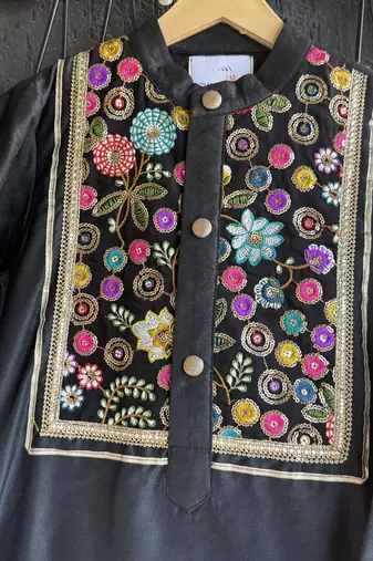 Black embroidered cotton silk kurta set