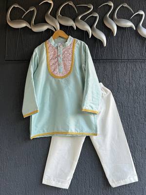 Blue embroidered cotton silk kurta set 1
