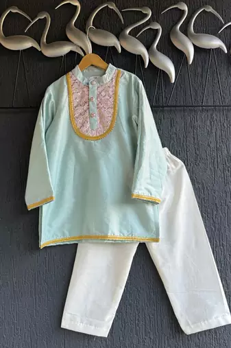 Blue embroidered cotton silk kurta set