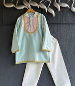 Blue embroidered cotton silk kurta set