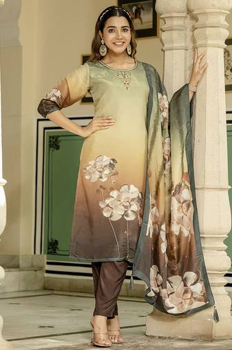 Green color beautiful gucci silk fabric readymade stylish ethnic suits for girls