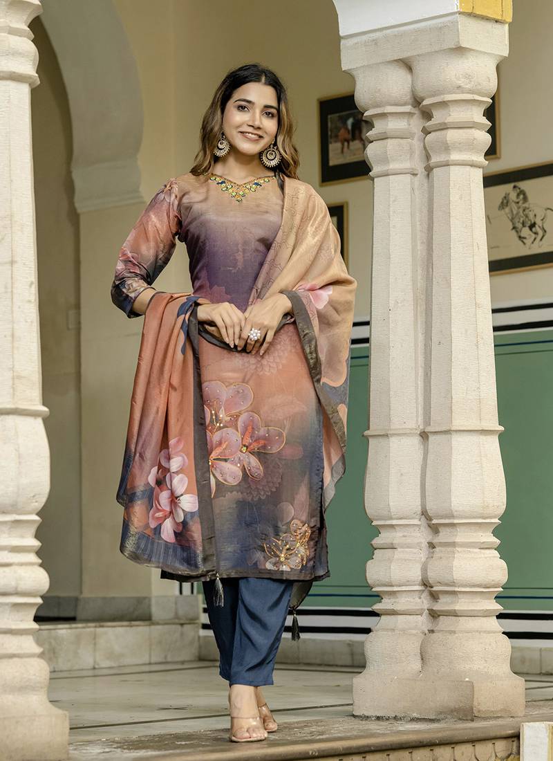 Peach color beautiful gucci silk fabric readymade stylish ethnic suits for girls