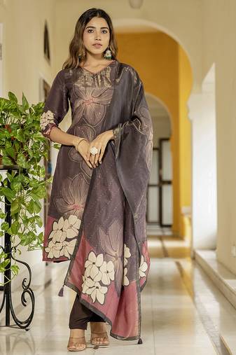 Coffee color beautiful gucci silk fabric readymade stylish ethnic suits for girls
