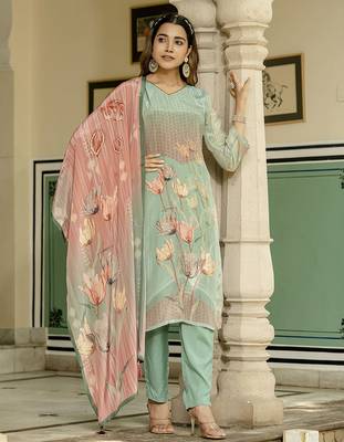 Sea green color beautiful natural crepe fabric readymade stylish ethnic suits for girls 1
