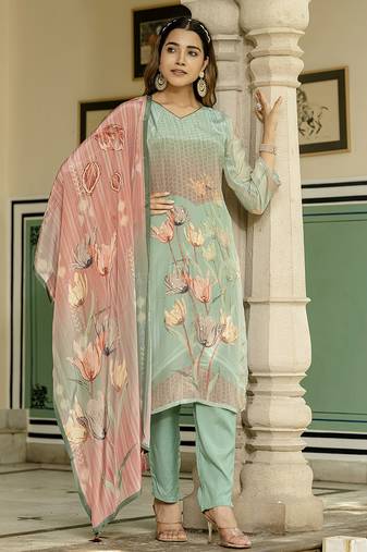 Sea green color beautiful natural crepe fabric readymade stylish ethnic suits for girls