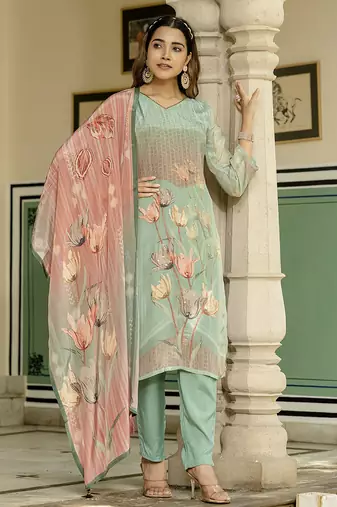 Sea green color beautiful natural crepe fabric readymade stylish ethnic suits for girls