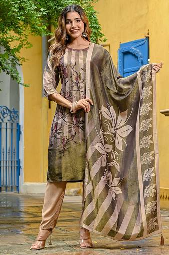 Green color beautiful jari tissue fabric readymade stylish ethnic suits for girls