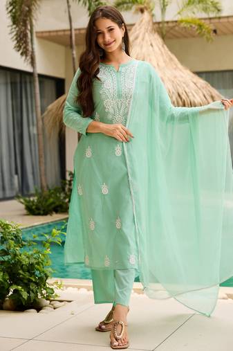 Turquoise color ceremonial wear cotton fabric readymade kurta set